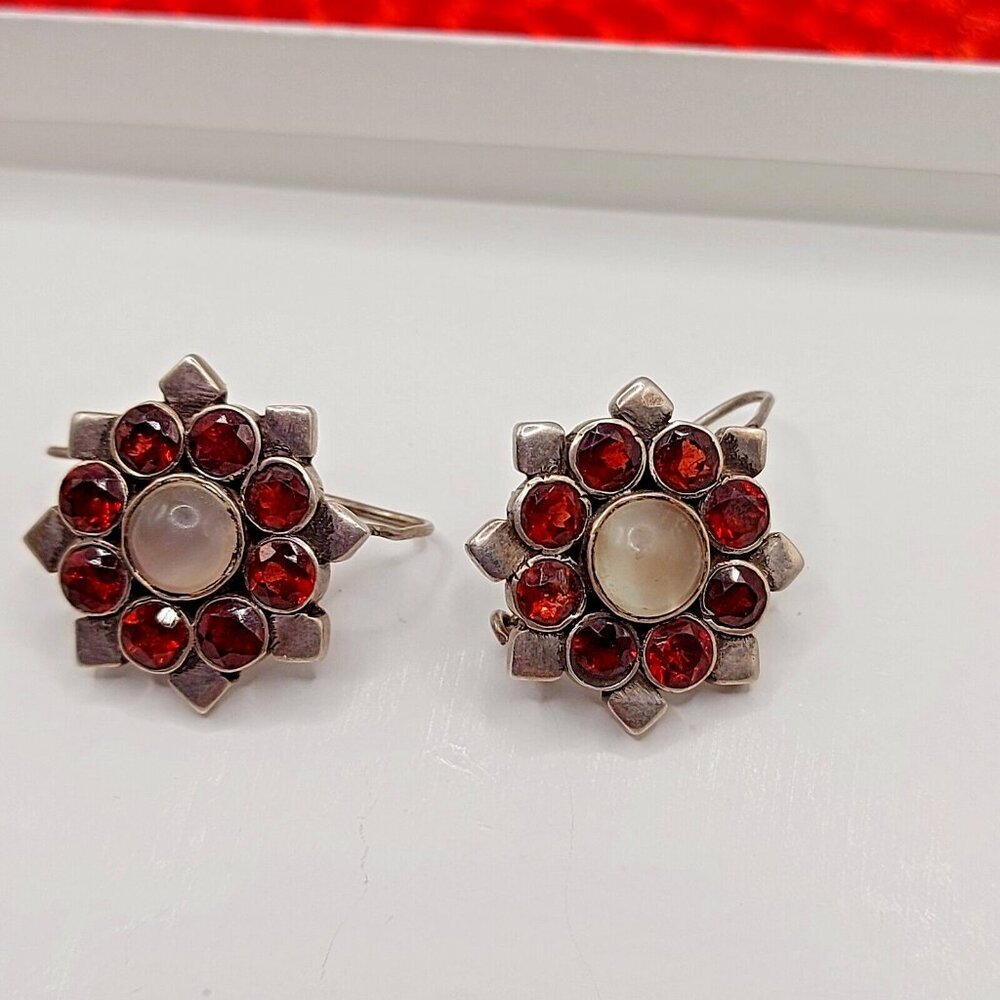 Art Deco Garnet and Moonstone 925 Sterling hook earrings 1920-30 1 inch marked
